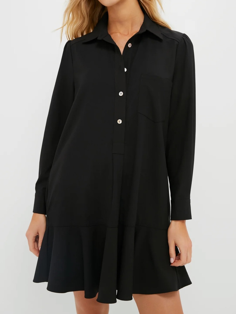 Tuckernuck Black Long-Sleeve Quarter Button-Front Flare Hem Dress - Size S